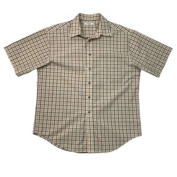 Turnbury Shirt Mens Large Beige Red Button Up Plaid Short Sleeve Drop Cut Cotton - Picture 1 of 9